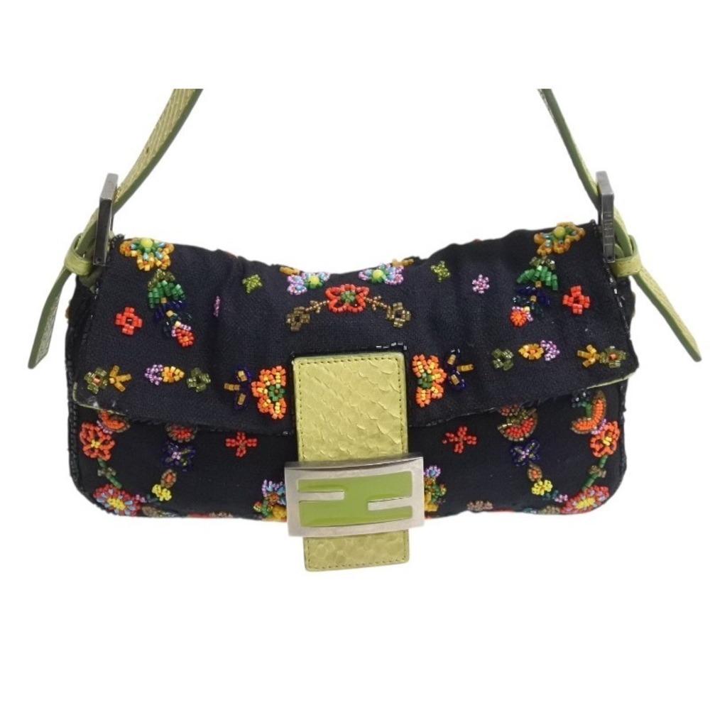 Fendi Mamma Multicolored Logo Hobo Green One Shoulder Bag Bucket Beaded Black